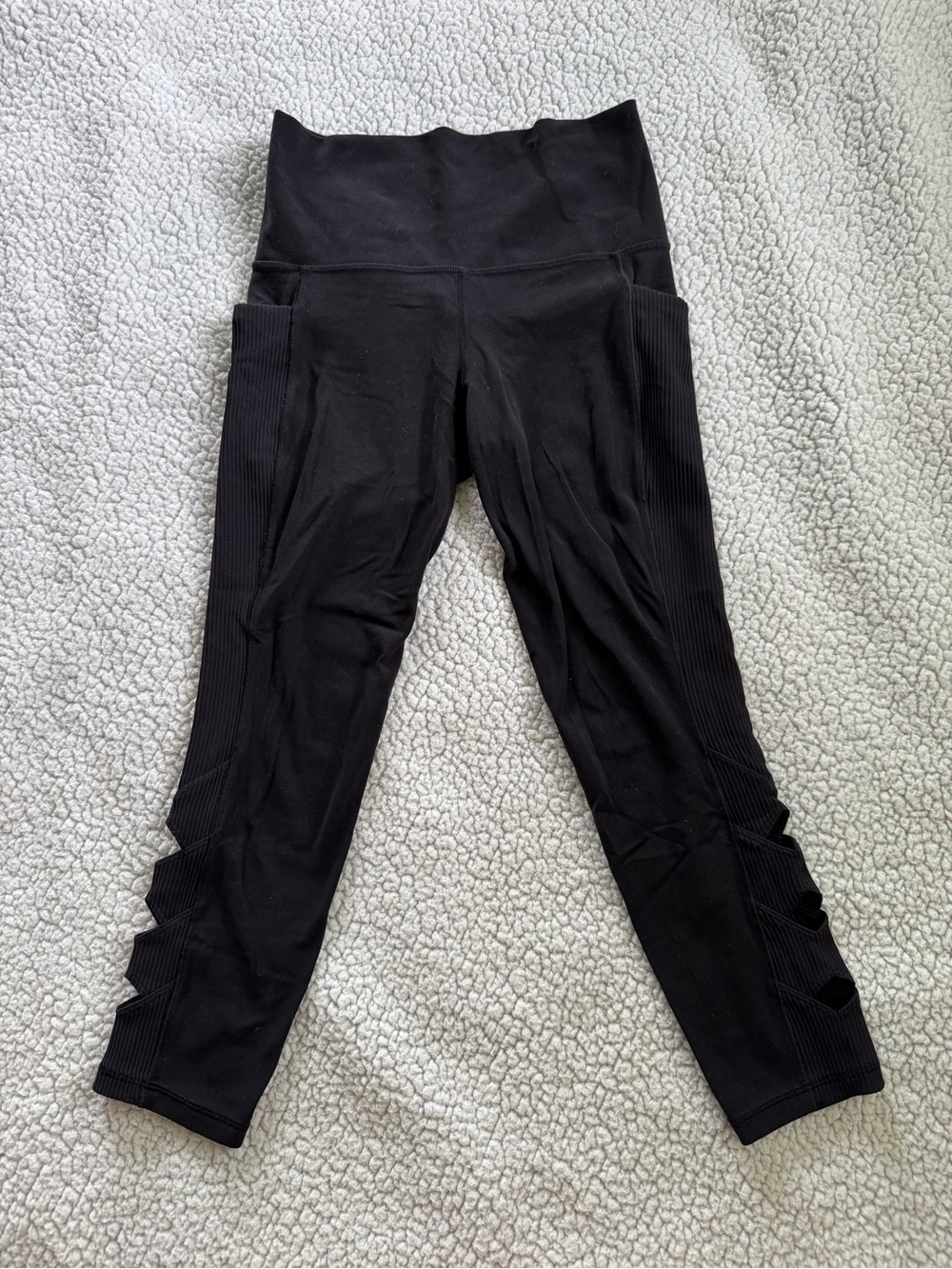 Athleta Black High-Waist Cropped Leggings With Ribbing and Cut Outs on Sides